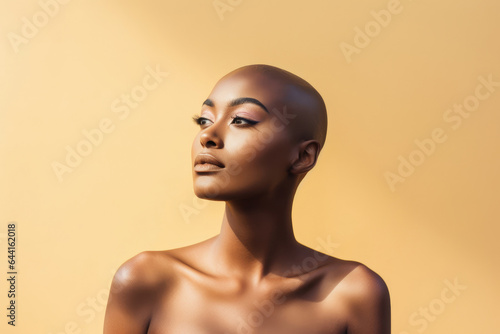 Young attractive african american woman with shaved head against pastel yellow background