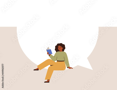 Happy Woman with book sits on the big empty speech bubble. Girl is on the large frame online message and reading something. Business female sharing her opinions. Education concept. Vector illustration