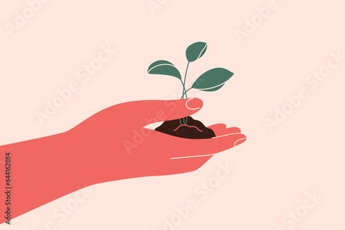 Human hand holds small green tree. Young Plant growths from the ground and person keeps it in his palm. Green energy and sustainable lifestyle concept. Save the planet vector ecology illustration