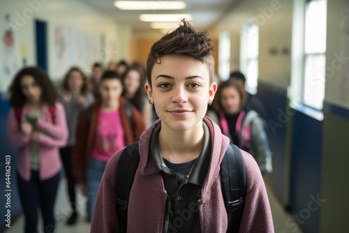 Photography of non binary teen person in school hallway with kids in the background generated by AI photo