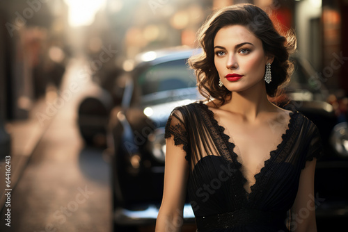 Woman in a luxurious evening dress in front of a luxury car