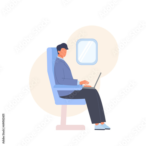 Business man work at laptop sitting in airplane chair. Passenger tourist with computer. Travel by plane © Magicnolia
