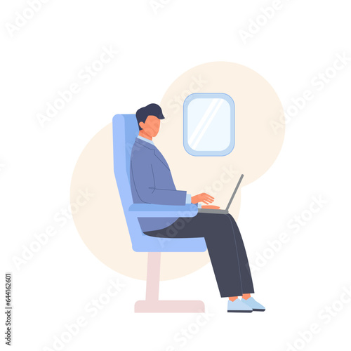 Business man work at laptop sitting in airplane chair. Passenger tourist with computer. Travel by plane