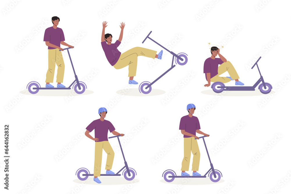 Set of young guy riding electric walk scooter, falling off scooter at speed, fall injury. Concept of driving scooter with safety helmet