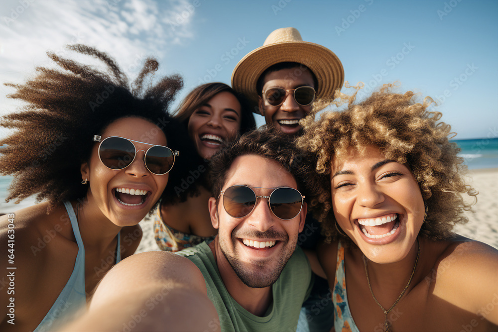 Generative AI portrait of a happy cheerful people friendly company having fun spending summer vacation abroad together Generative AI portrait of a happy cheerful people friendly company having fun spending summer vacation abroad together
