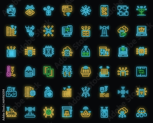 Internet of Things icons set outline vector. Security energy. Network device neon color on black