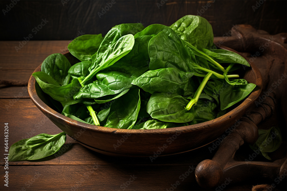 Fresh spinach leaves in a wooden bowl Fresh spinach leaves in a wooden bowl