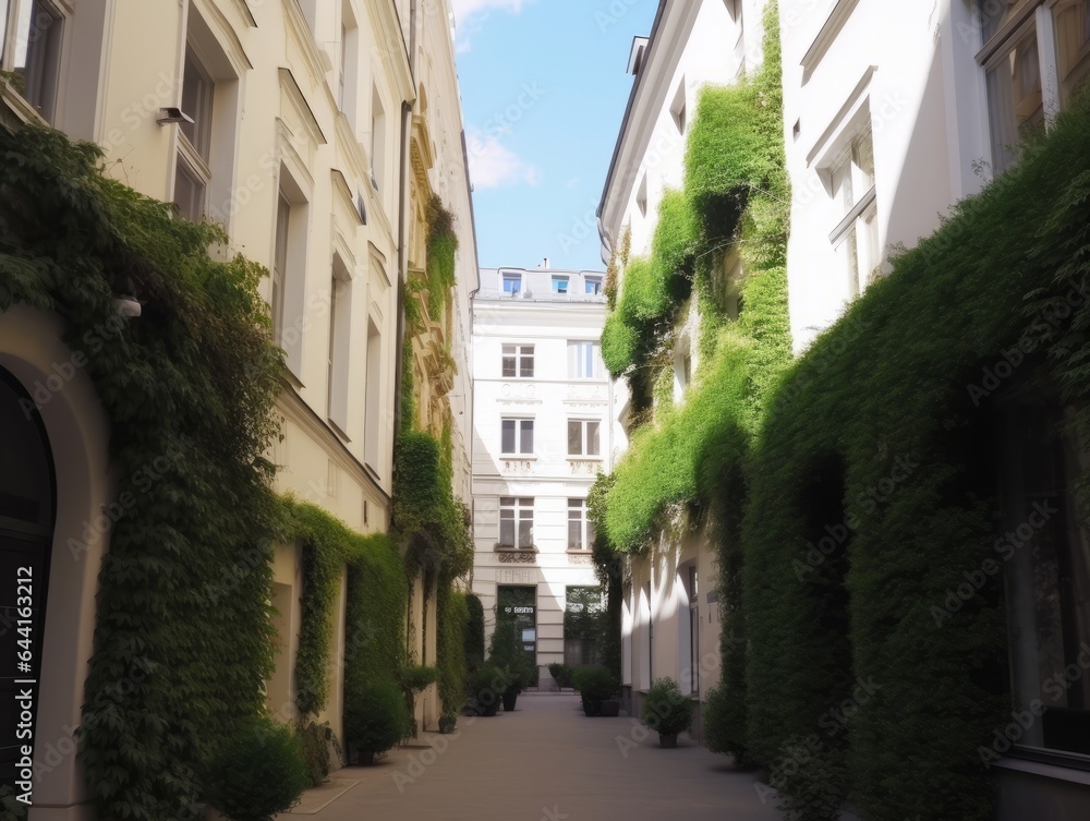 alley with tall houses with vegetation in the woods alley with tall houses with vegetation in the woods