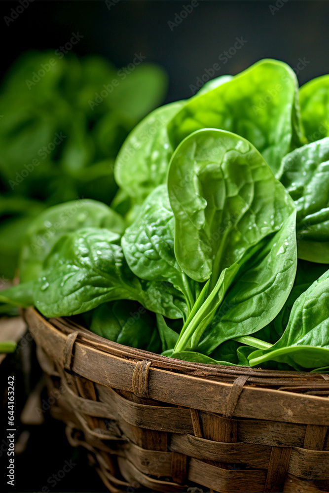 Fresh spinach leaves in a basket, close-up Fresh spinach leaves in a basket, close-up