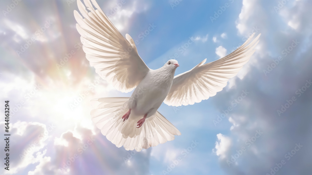 A white dove with wings wide open in the blue sky air with clouds.generative ai A white dove with wings wide open in the blue sky air with clouds.generative ai
