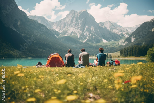 Group of backpackers sitting and resting while climbing to the Julian Alps surrounded by beautiful nature. Travel, backpacking and active lifestyle concept.