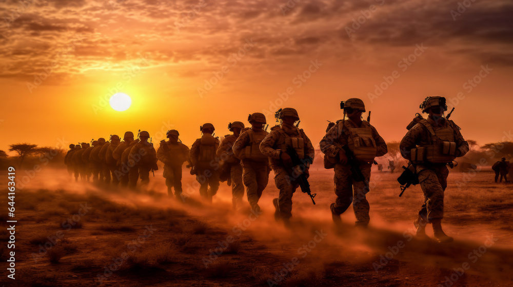 photograph of Army soldiers moving forward. telephoto lens realistic sunset lighting generative ai