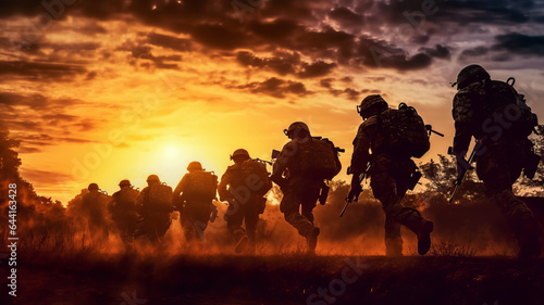 photograph of Army soldiers moving forward. telephoto lens realistic sunset lighting generative ai photo
