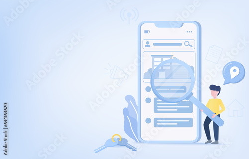 Real estate mortgage and property investment. Business people searching for property asset on online platform. Showing and explore customer review, location, survey. Flat vector design illustration.