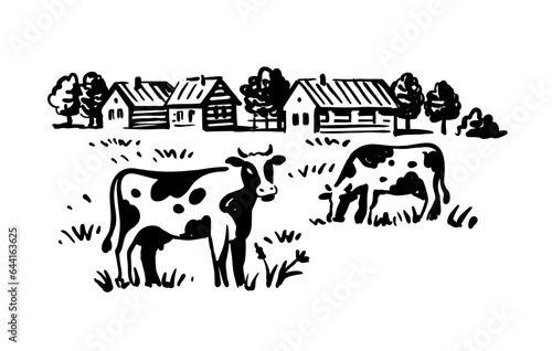 Village cows sketch. Rural landscape countryside.
