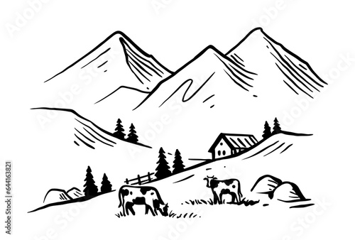 Cow with nature landscape vector ink hand drawn.