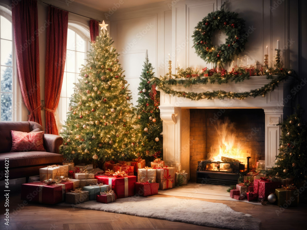 magical christmas interior. burning fireplace. Glowing fireplace, hearth, tree. Gifts and decorations