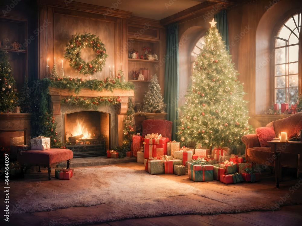 magical christmas interior. burning fireplace. Glowing fireplace, hearth, tree. Gifts and decorations