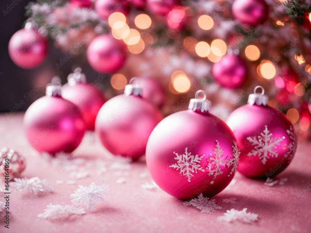 Fototapeta premium pink christmas balls ornaments with snowflakes