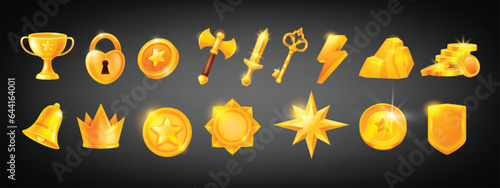 3D casino game golden icon set, vector UI winner medal kit, victory bonus star, gold trophy champion. Online mobile app object collection, coin pile, winner crown, glossy cup. Shiny golden icon award
