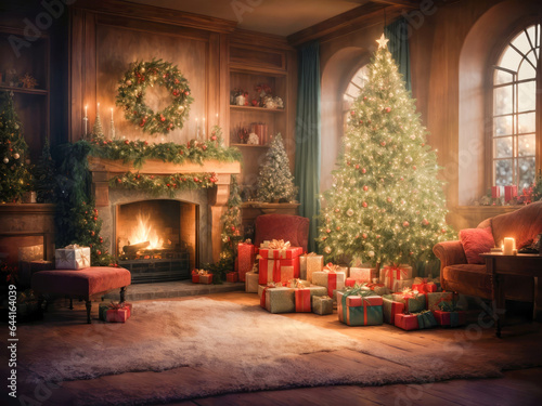 magical christmas interior. burning fireplace. Glowing fireplace  hearth  tree. Gifts and decorations