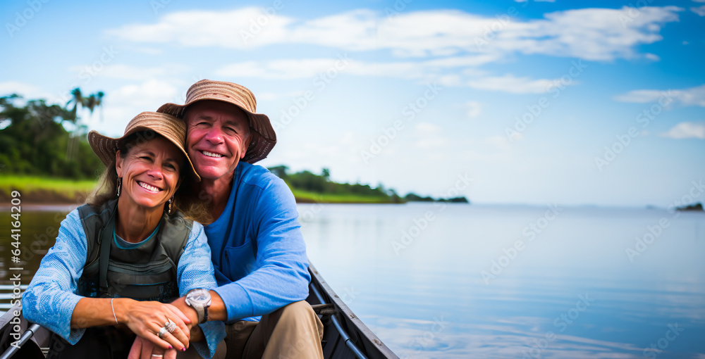 Senior couple on a river boat in a jungle. Concept of traveling and exploring in your older years. Shallow field of view with copy space. 