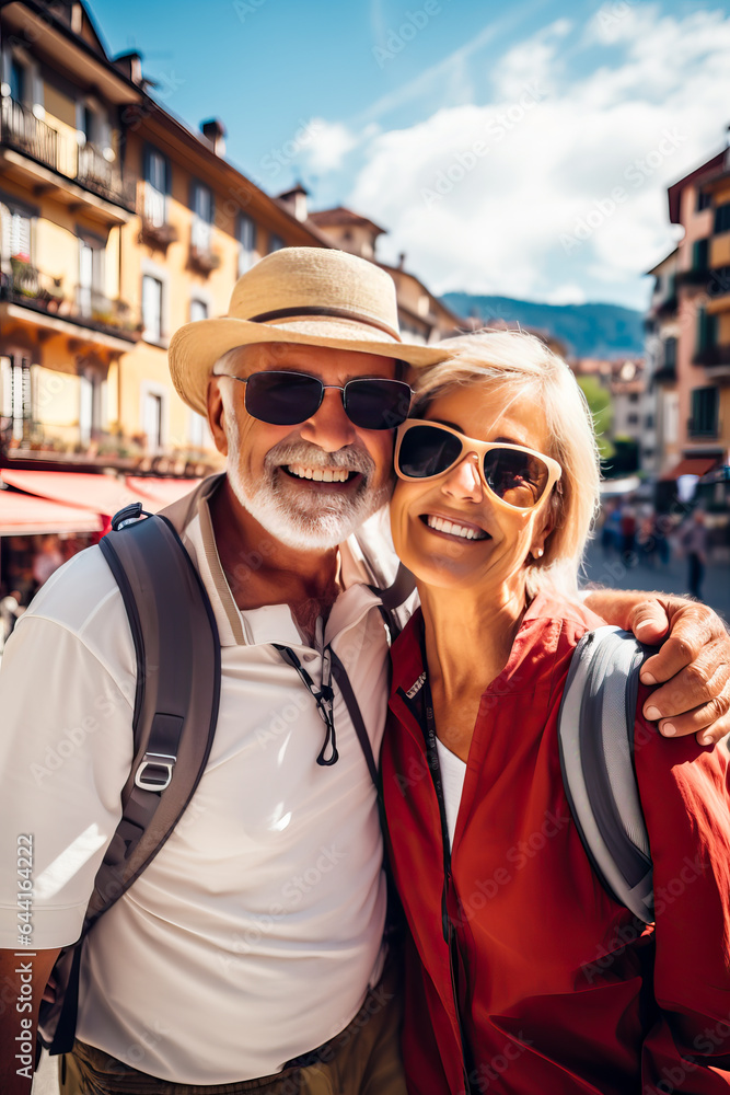 Happy senior couple visiting a city during a holiday. Concept of mature people travelling and see the world as tourists. Could be in Europe, Asia or the US. Shallow field of view.