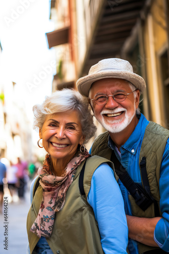 Happy senior couple visiting a city during a holiday. Concept of mature people travelling and see the world as tourists. Could be in Europe, Asia or the US. Shallow field of view. © henjon