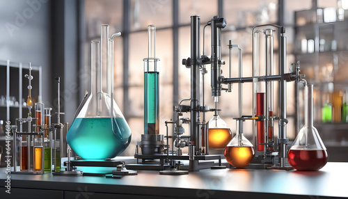 A chemistry lab with various scientific instruments and glassware ai generated