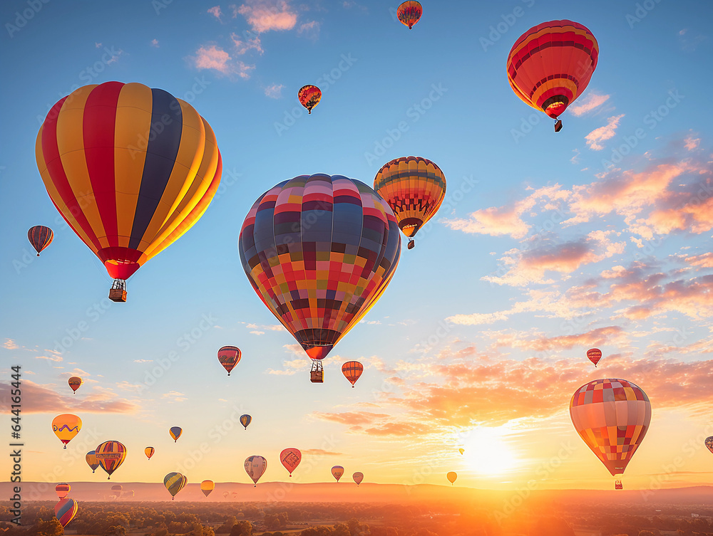Naklejka premium Hot air balloons ascending during sunrise, whimsical colors, accompanied by a biplane doing aerial acrobatics, dreamy, pastel hues