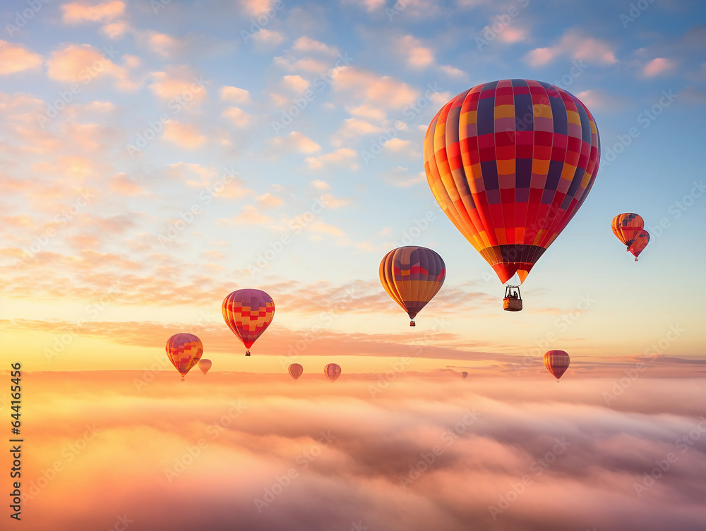 Naklejka premium Hot air balloons ascending during sunrise, whimsical colors, accompanied by a biplane doing aerial acrobatics, dreamy, pastel hues
