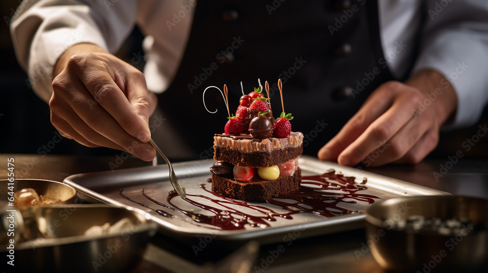 chef decorating an intricate chocolate dessert with gold leaf, focus on the steady hands and precision, modern dessert kitchen, bright studio lights