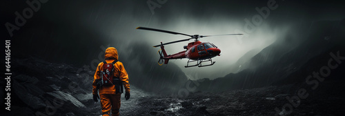 Helicopter rescue operation in a stormy mountain region, rain and wind visibly interacting with the rotors, dramatic, dark, and intense atmosphere