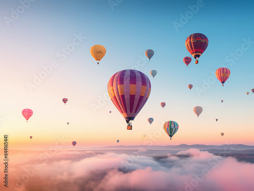 Hot air balloons ascending during sunrise, whimsical colors, accompanied by a biplane doing aerial acrobatics, dreamy, pastel hues