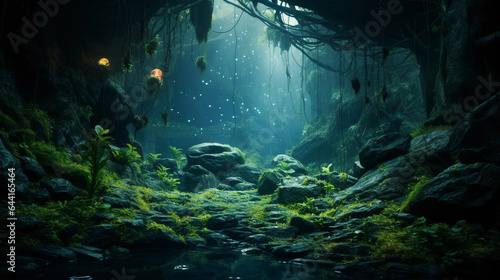 a tropical cave with bioluminescent plants and fungi, mystical and otherworldly atmosphere
