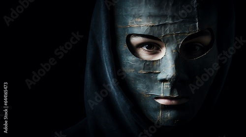 Close-up face of anonymous hacker With a mask - Hacking Concept with a dark background, cybersecurity, cybercrime, cyberattack, dark background concept.