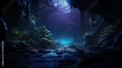 a tropical cave with bioluminescent plants and fungi  mystical and otherworldly atmosphere