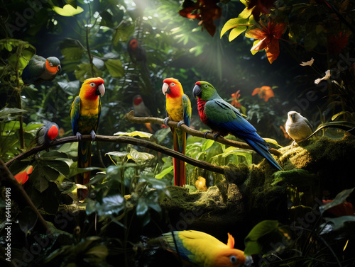 a dense tropical rainforest  colorful birds perched on lush  green canopies  sunlight filtering through leaves creating dappled patterns on the forest floor
