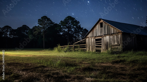 Old barn at twilight, fireflies illuminating the surroundings, rustic and weathered, crickets chirping, magical and serene atmosphere