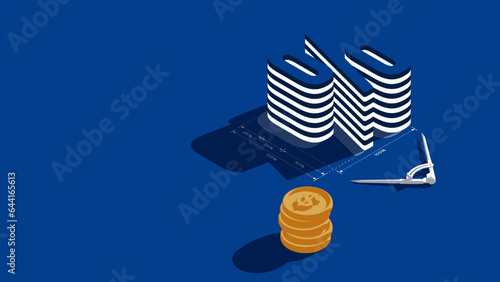 Percent Symbol and Coin Stack Illustrated Concept About Investing, Buying, Selling, and Planning in Blue.