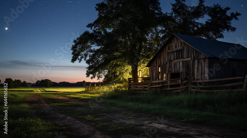 Old barn at twilight, fireflies illuminating the surroundings, rustic and weathered, crickets chirping, magical and serene atmosphere