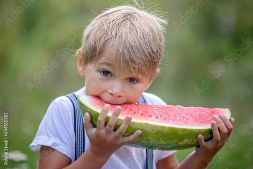 Amazing blond toddler child, boy with pet dog, eating watermelon in garden