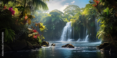 a tropical waterfall cascading into a secluded lagoon  surrounded by vibrant flora  a rainbow appearing in the mist