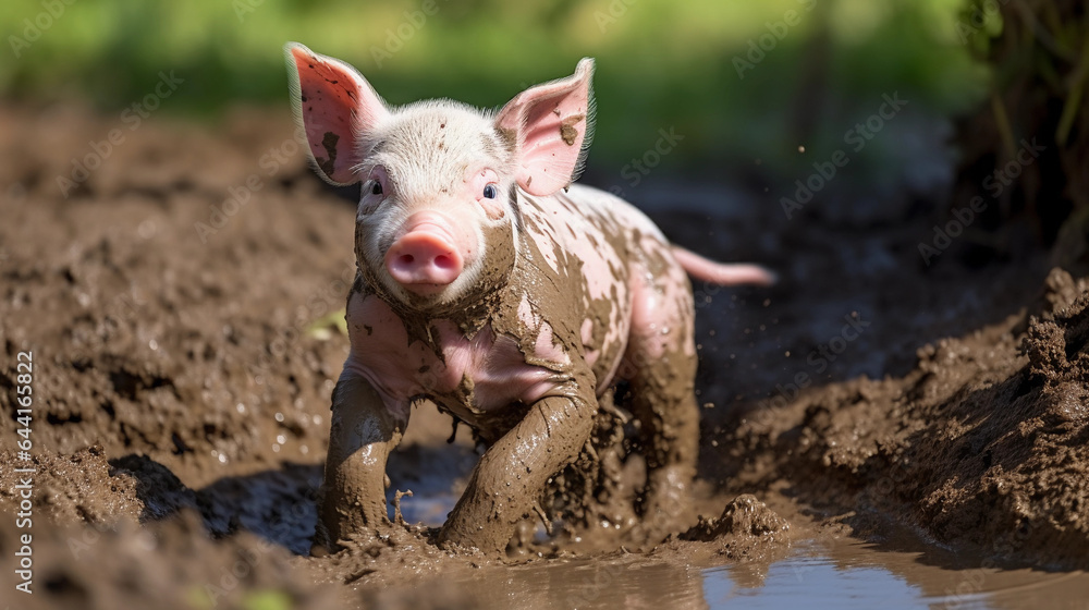 Piglet in a mud puddle, playful and carefree, mud splashing, warm sunny day, trees in the background providing shade Piglet in a mud puddle, playful and carefree, mud splashing, warm sunny day, trees in the background providing shade