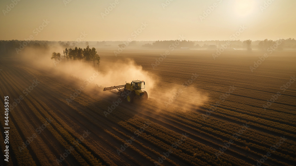 Fototapeta premium Sunrise over a cornfield, golden hour, soft focus, mist hovering over the crops, vibrant warm colors, tractor in the distance, aerial view