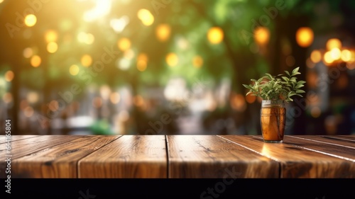 The empty wooden table top with blur background of outdoor cafe. Generative AI image AIG30.