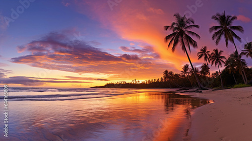 a tropical beach at sunset, towering palm trees, golden sand, vibrant sky with shades of orange and purple, reflections in calm ocean waves