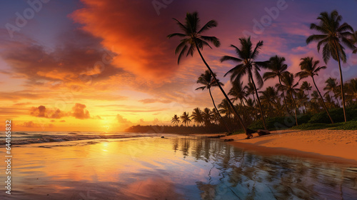 a tropical beach at sunset  towering palm trees  golden sand  vibrant sky with shades of orange and purple  reflections in calm ocean waves