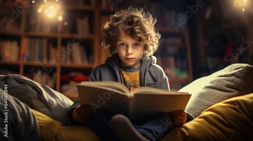 Foto Child is reading a book sitting in the attic. Generative AI