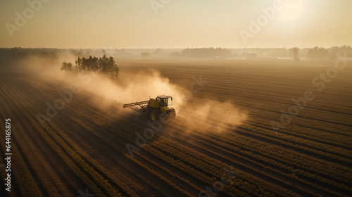 Sunrise over a cornfield, golden hour, soft focus, mist hovering over the crops, vibrant warm colors, tractor in the distance, aerial view